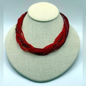 VTG Bold Red Facet Bead Multi Strand Necklace Rhinestone Magnetic Clasp Formal